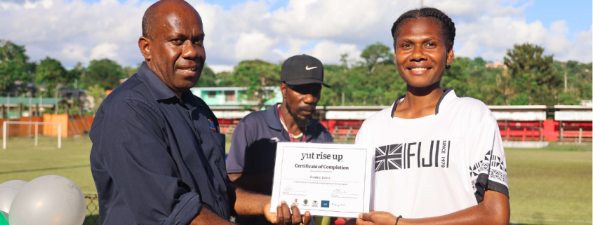 PVFA‘s Vice President John Stephen Tougon with ‘yut rise up’ PVFA graduate Jessica James. Credit: yutriseup/Savvy Vanuatu