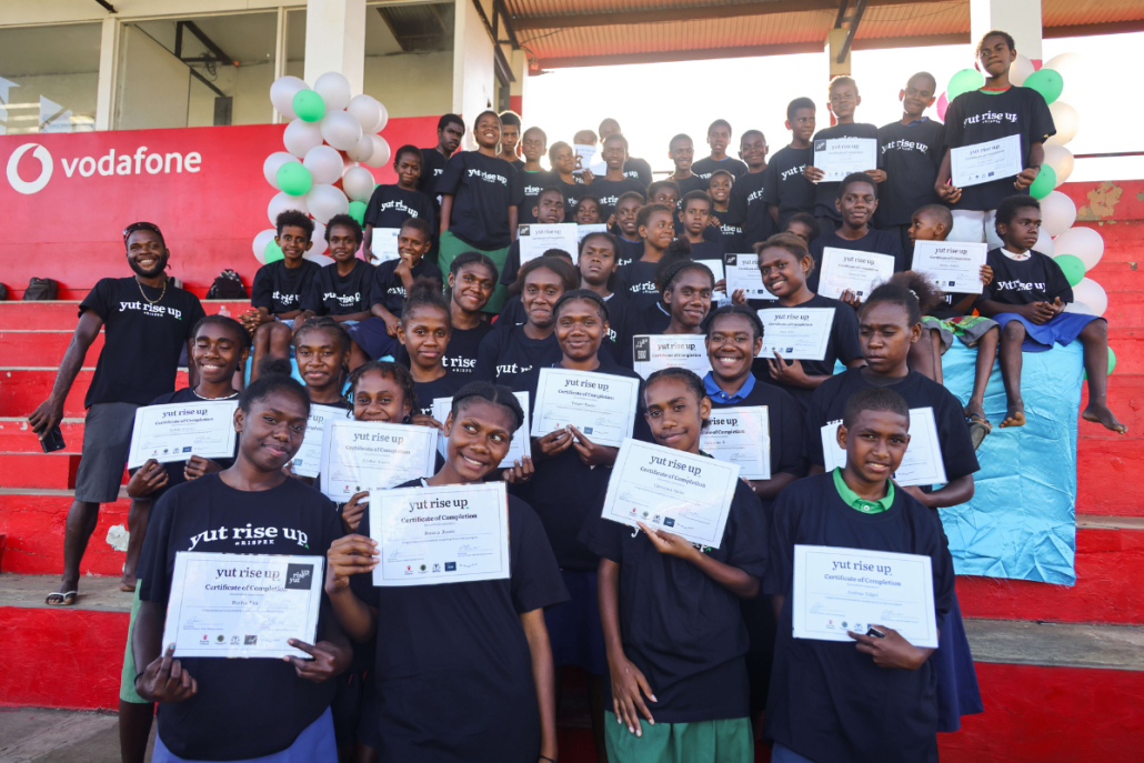 Port Vila Football Association youth celebrate at their ‘yut rise up’ graduation. Credit: yutriseup/Savvy Vanuatu